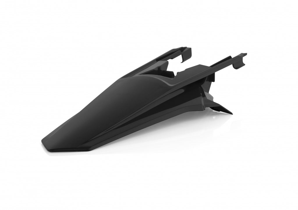 Black Acerbis rear fender for motorcycle, showcasing the durable plastic construction and mounting points.
