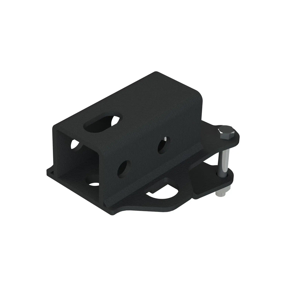 Black Kolpin ATV 2-inch receiver hitch mounted on an ATV, showcasing durable steel construction and secure attachment points.