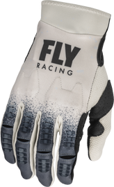 Fly Racing Evolution Dst gloves in ivory and dark grey, large size, with padded palms and breathable fabric for motocross riding.