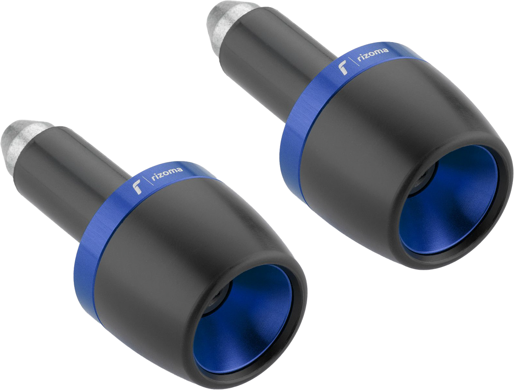 Pair of RIZOMA blue bar ends, motorcycle handlebar accessories with sleek design and branding, shown on a white background.