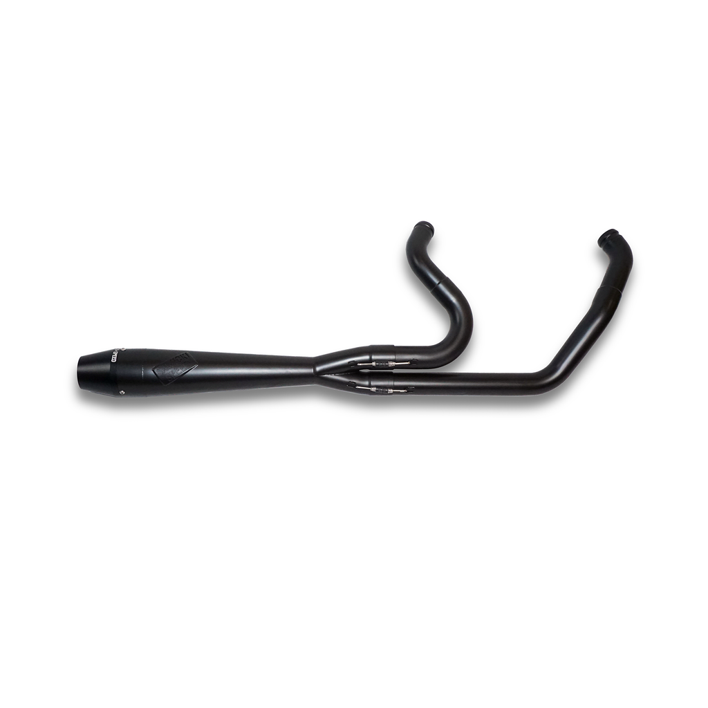 Sawicki Speed Shop M8 Softail mid-length black exhaust pipe with chrome details, designed for Harley-Davidson Softail motorcycles.