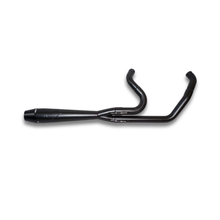 Load image into Gallery viewer, Sawicki Speed Shop M8 Softail mid-length black exhaust pipe with chrome details, designed for Harley-Davidson Softail motorcycles.