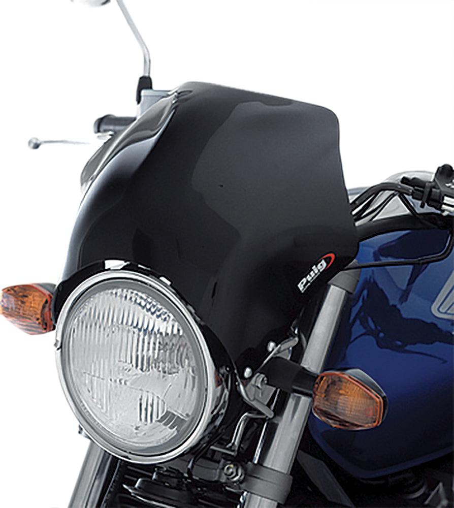 Black PUIG Raptor windscreen mount attached to a motorcycle windshield, showcasing durable plastic construction.