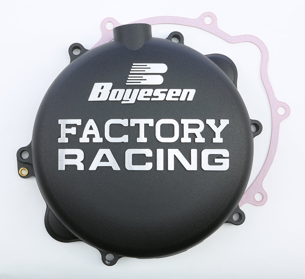 Boyesen Factory Racing Clutch Cover in black, designed for motorcycles, featuring a sleek black finish and detailed branding.