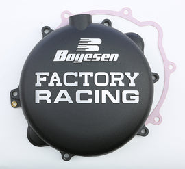 Boyesen Factory Racing Clutch Cover in black, designed for motorcycles, featuring a sleek black finish and detailed branding.