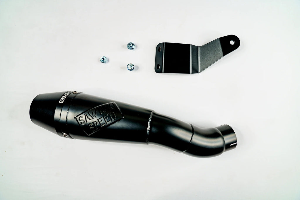 Sawicki Speed Shop FTR 1200 slip-on exhaust in black, showcasing the sleek design and branding on the motorcycle exhaust.