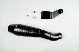 Sawicki Speed Shop FTR 1200 slip-on exhaust in black, showcasing the sleek design and branding on the motorcycle exhaust.