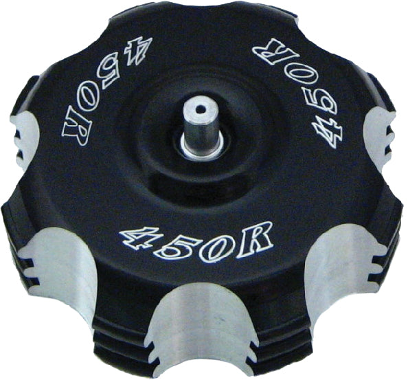 Black ModQuad Billet Gas Cap with logo, made of durable billet aluminum, designed for motorcycle or ATV fuel tanks.