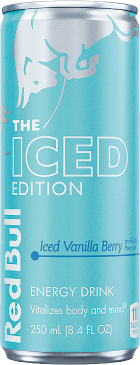 Red Bull Vanilla Berry flavored beverage in an 8.4oz can, showcasing vibrant red and berry-themed design on the can.