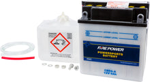 Load image into Gallery viewer, Fire Power 12V heavy-duty battery with acid, model CB9A-A, shown with terminals and robust casing for automotive use.