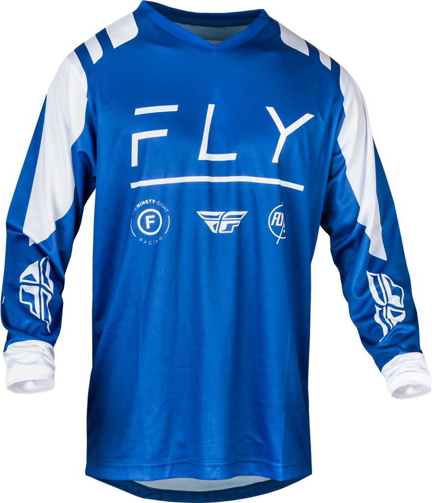 Fly Racing F-16 motocross jersey in true blue and white with bold graphic design, lightweight and breathable riding gear.