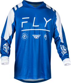 Fly Racing F-16 motocross jersey in true blue and white with bold graphic design, lightweight and breathable riding gear.