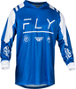 Fly Racing F-16 motocross jersey in true blue and white with bold graphic design, lightweight and breathable riding gear.