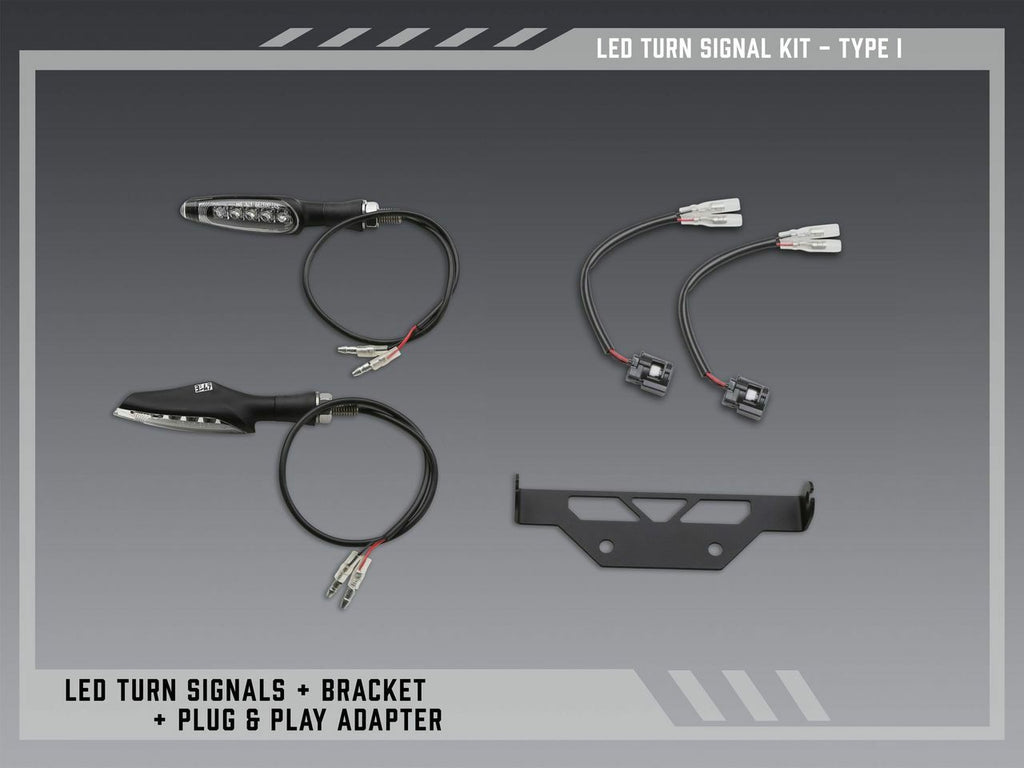 Yoshimura Fe V2 LED turn signal kit body parts with LED lights and wiring for motorcycle turn signal replacement.