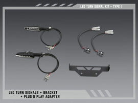 Yoshimura Fe V2 LED turn signal kit body parts with LED lights and wiring for motorcycle turn signal replacement.