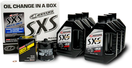 Maxima SXS Oil Quick Change Kit 5W50 with black oil filter for ATV or side-by-side vehicles, featuring oil and filter components.