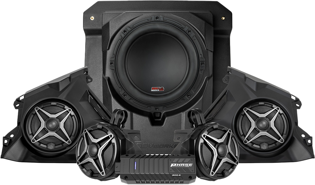 SSV Works 5 speaker kit with SSV A-Spec and subwoofer installed, showing the audio components and wiring setup.