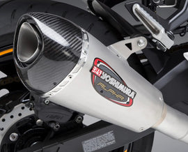Yoshimura Race Alpha-T full stainless steel and carbon fiber exhaust system for motorcycle, shown from side view.