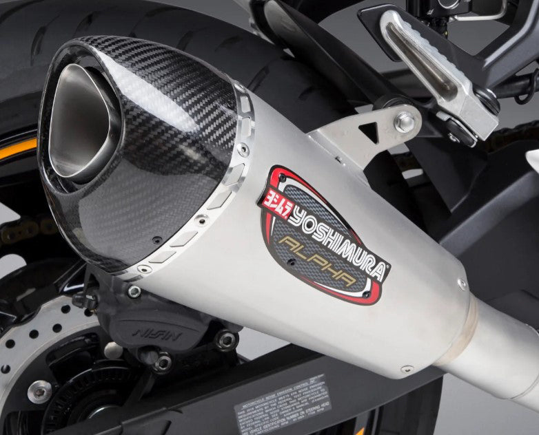 Yoshimura Race Alpha-T full exhaust system with stainless steel and carbon fiber components for motorcycle performance.