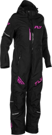 Fly Racing women's Cobalt Shell Monosuit in black and fuchsia, shown on a mannequin with detailed fabric and design features.