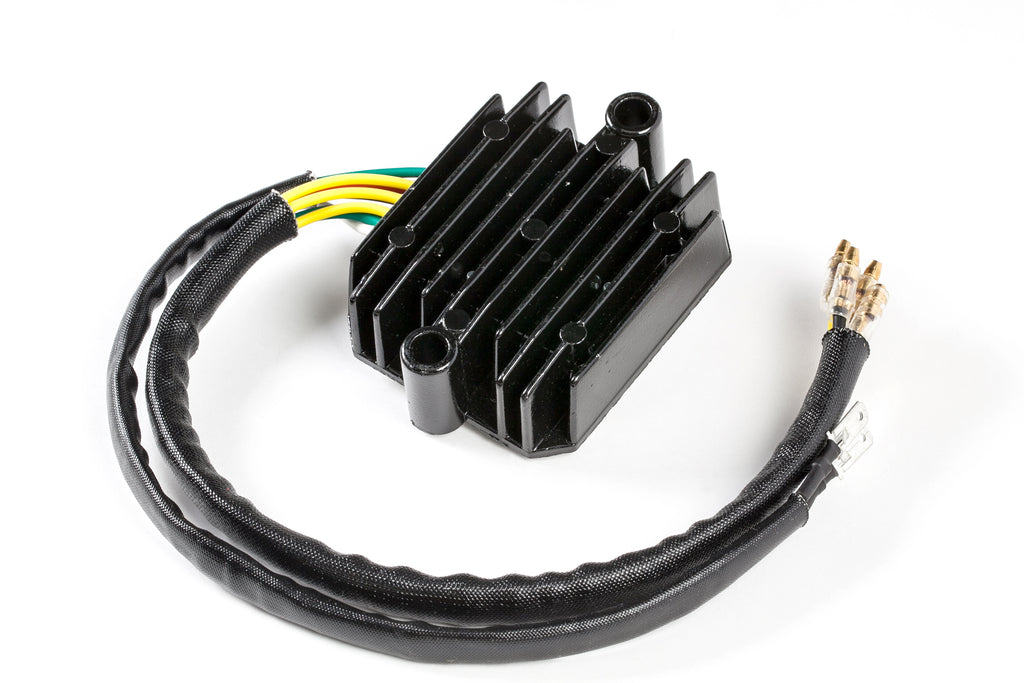 Ricks Motorsport Electric regulator and rectifier for motorcycle electrical system, mounted on a vehicle, with visible wiring.