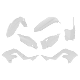 Polisport Plastics white plastic restyling kit for Kawasaki motorcycle, includes body panels and replacement parts.