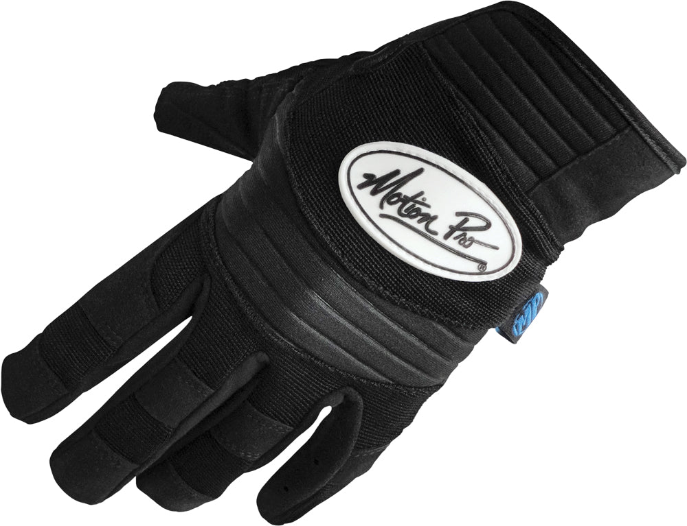 Black Motion Pro Tech Glove X 57-10021 with padded palm and adjustable wrist strap for motorcycle riding comfort.