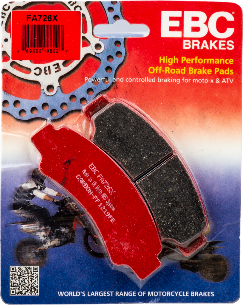 EBC Motorcycle Brakes Fa726x Carbon X Series brake pads with black and metallic components, designed for high-performance motorcycle braking.