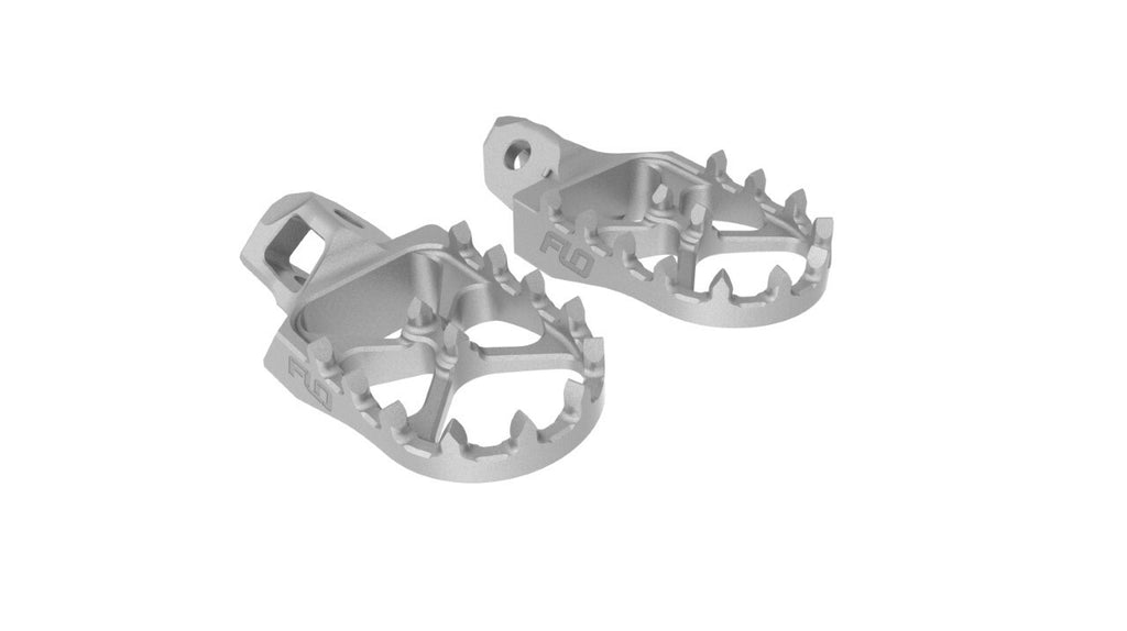 Flo Motorsports stainless steel foot pegs for motorcycle foot controls, with textured surface for grip and durability.