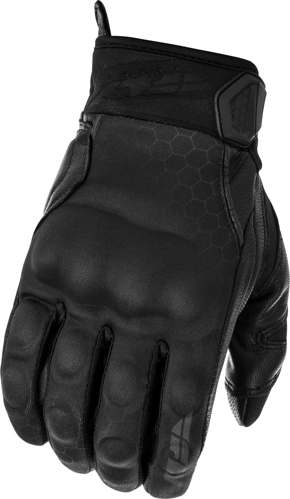 Fly Racing Subvert Blackout Gloves in large size, featuring durable black material and adjustable wrist closure for motocross riding.