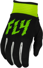 Fly Racing Youth F-16 gloves in black and neon green, designed for motocross or dirt biking, showing the gloves on a plain background.