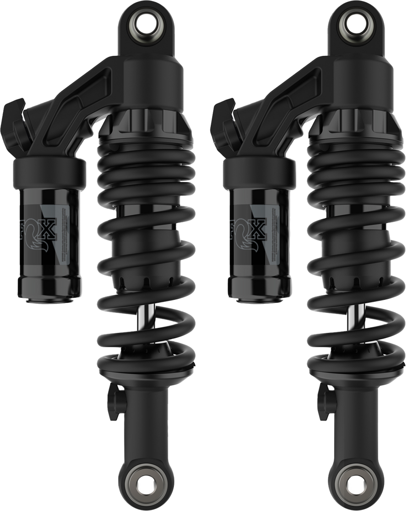 Fox Qs3-Qsr Piggyback suspension shock for Indian Scout with 1-inch standard spring, showing the black coil and mounting hardware.