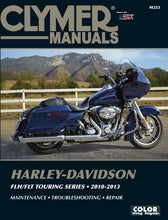 Load image into Gallery viewer, Clymer Harley Touring repair manual for 2010-2013, showing detailed pages and diagrams for motorcycle maintenance tools.