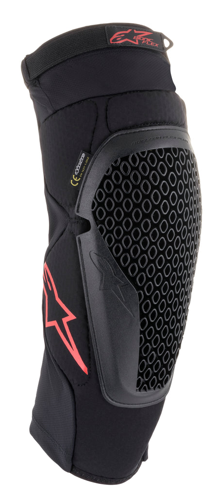 Alpine Star Bionic Flex knee protector in black and red, shown in size small/medium with flexible padding and knee cap design.