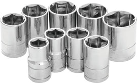 Performance Tool 9-piece 1/2-inch SAE socket set with shallow sockets, displayed on a workbench, for automotive and repair tasks.