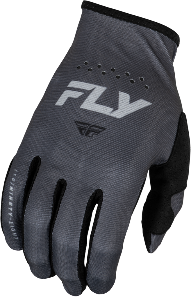 Fly Racing Youth Lite Gloves in charcoal and black, featuring lightweight design and secure wrist closure for young riders.