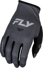 Fly Racing Youth Lite Gloves in charcoal and black, featuring lightweight design and secure wrist closure for young riders.
