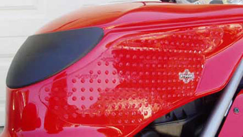 Stompgrip Tank Pad Kit Volcano Clear for motorcycle tanks, featuring textured, transparent material with black accents