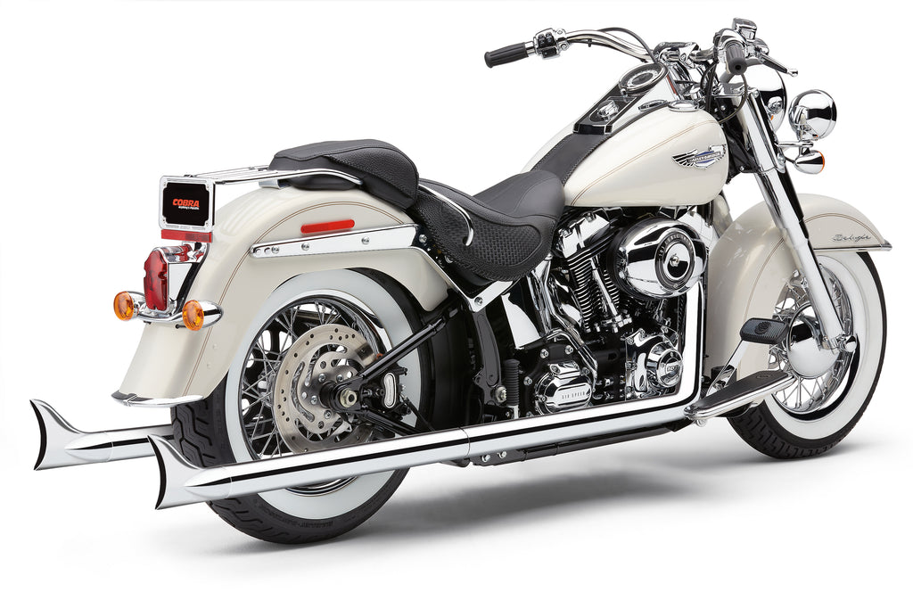 Cobra Bad Hombre True Dual Fishtails exhaust in chrome for Softail 2012-2017, featuring dual fishtail tips and polished chrome finish.