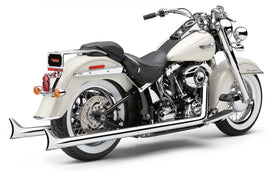 Cobra Bad Hombre true dual fishtail exhaust system with chrome finish for Softail models 2012-2017, showing the chrome fishtail tips.