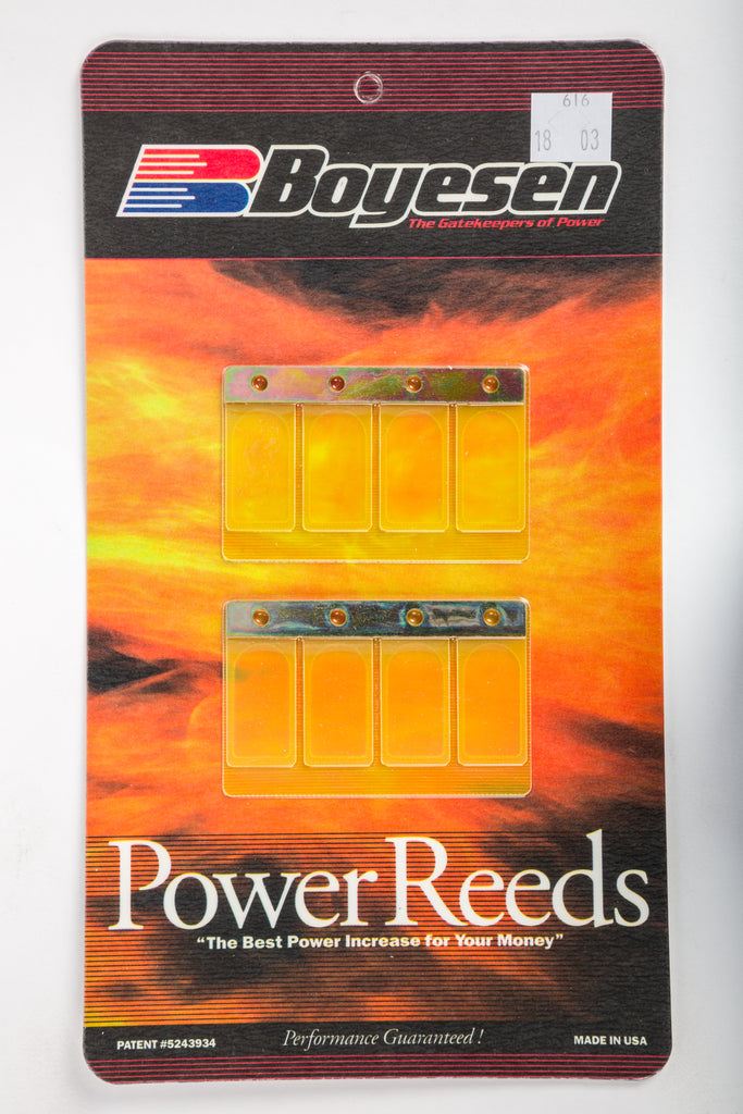 Boyesen motorcycle reeds for intake and fuel system, showing close-up of durable reed valves with branding details.
