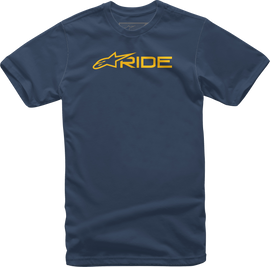 Alpine Star Ride 3.0 Tee in navy and gold, large size, casual t-shirt with logo design, front view of the product.