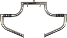 Charger l'image dans la galerie, Chrome engine guard for Harley-Davidson touring models, Magnumbar FLH, 97 and up, by LINDBY, shown on a motorcycle body.