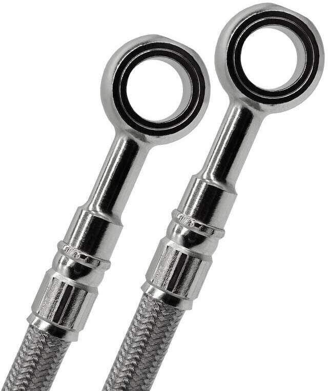 GBRAKES front brake line for Suzuki motorcycle, showing the durable rubber hose and fittings for reliable braking performance.