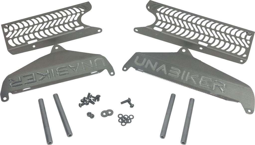 Unabiker Radiator Guard in natural finish with protective mesh design for motorcycle cooling system.