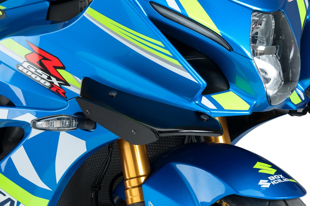 Black PUIG Sport Side Spoilers for Suzuki Suz 561-9738BK, featuring aerodynamic body enhancements with sleek design.