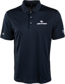 Fire Power navy and white polo shirt with collar and short sleeves, featuring the Fire Power logo on the chest.