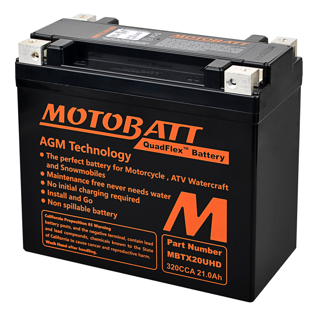 Motobatt MBTX20U(Hd) sealed factory-activated motorcycle battery with black case and terminal posts visible.