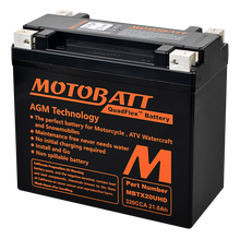 Load image into Gallery viewer, Motobatt MBTX20U(Hd) sealed factory-activated motorcycle battery with black case and terminal posts visible.
