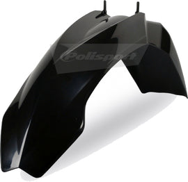Polisport Plastics black front fender for motorcycles, model 64-5581, made of durable plastic, shown in the image.